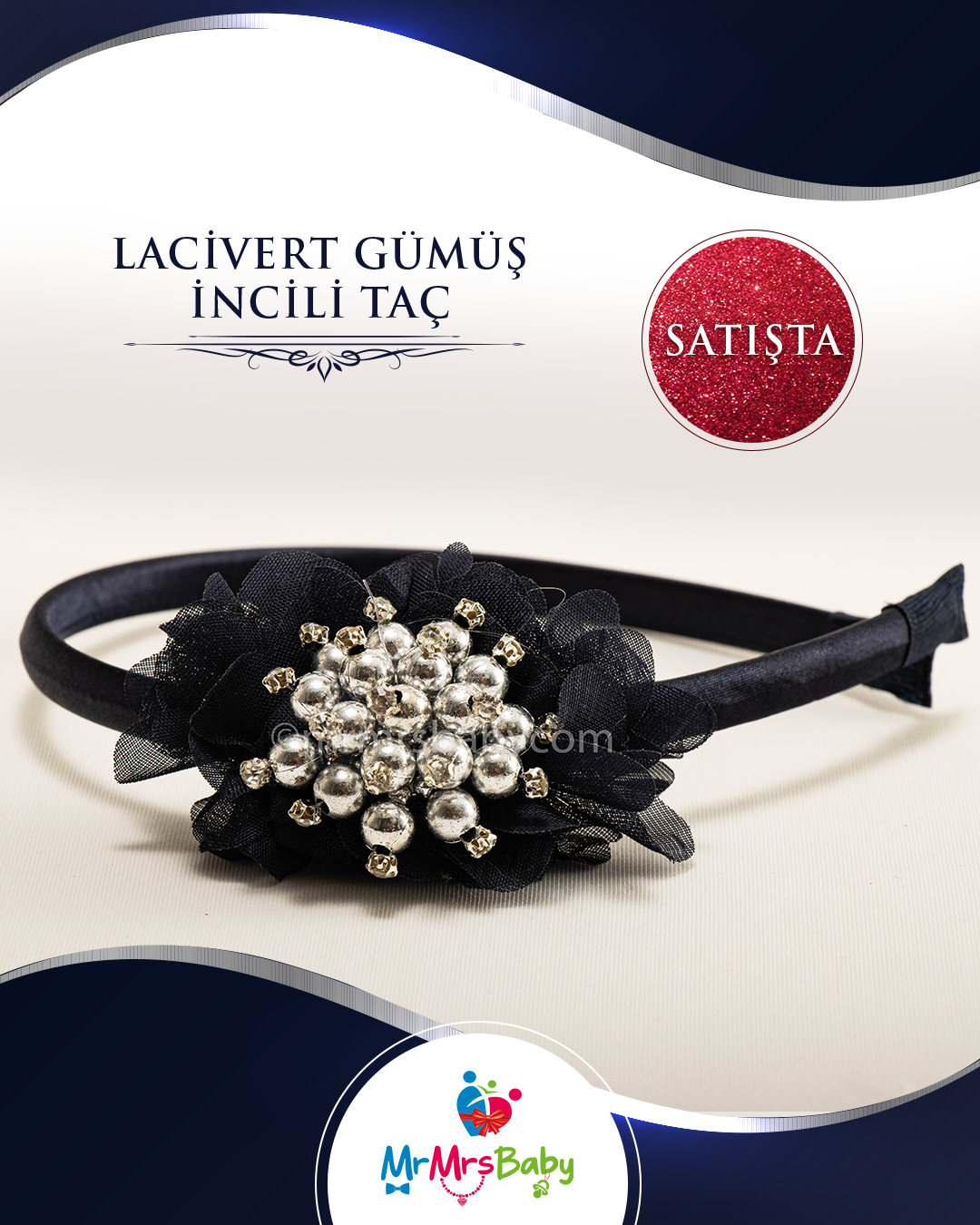 Lacivert Gümüş İncili Çiçekli Nedime Tacı