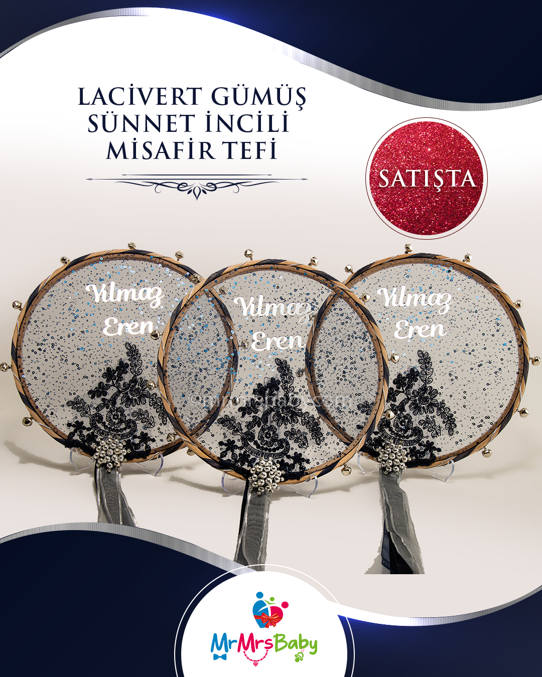 Lacivert Gümüş İncili  Fransız Güpürlü İsimli Nedime Tefi