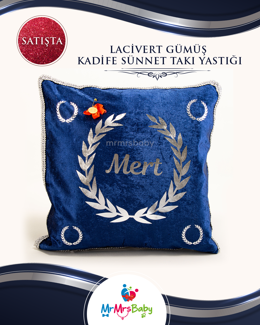 Lacivert Gümüş Kadife Sünnet Takı Yastığı