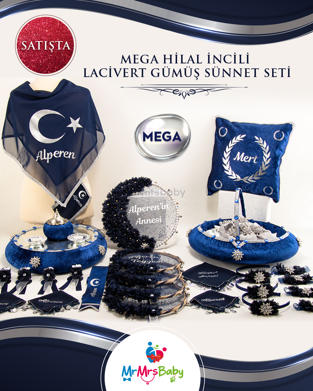 Lacivert Gümüş Mega Hilal Model Sünnet Kına Seti