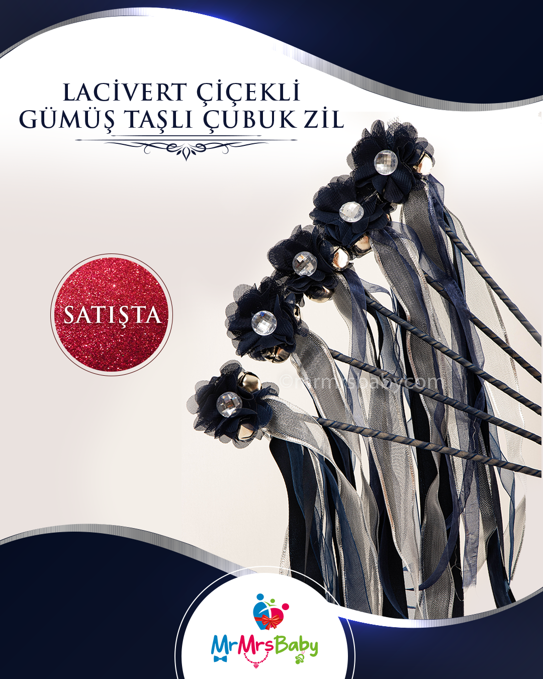 Lacivert  Gümüş Taşlı Çubuk Zil