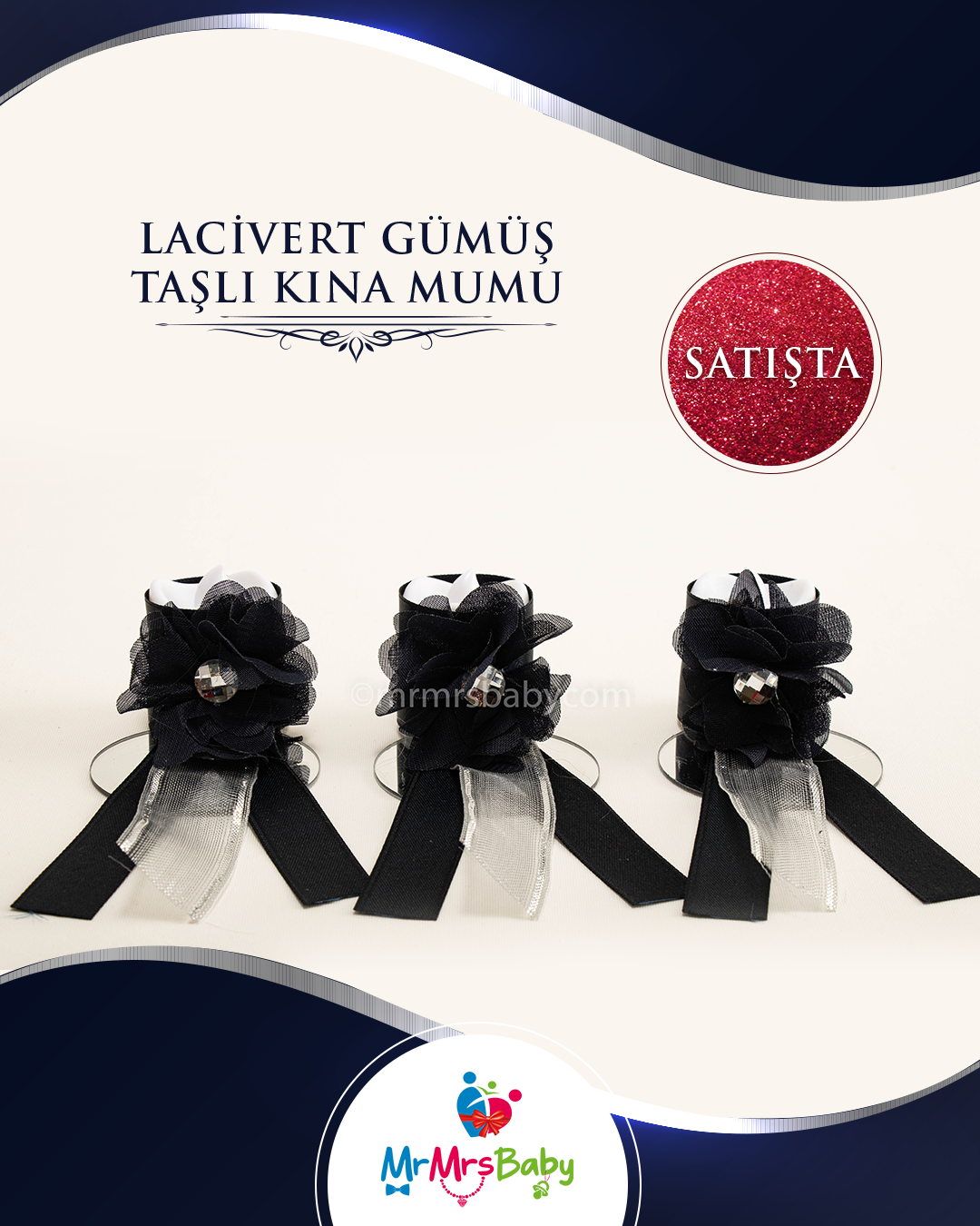 Lacivert Gümüş Taşlı Led Işıklı Kına Mumu