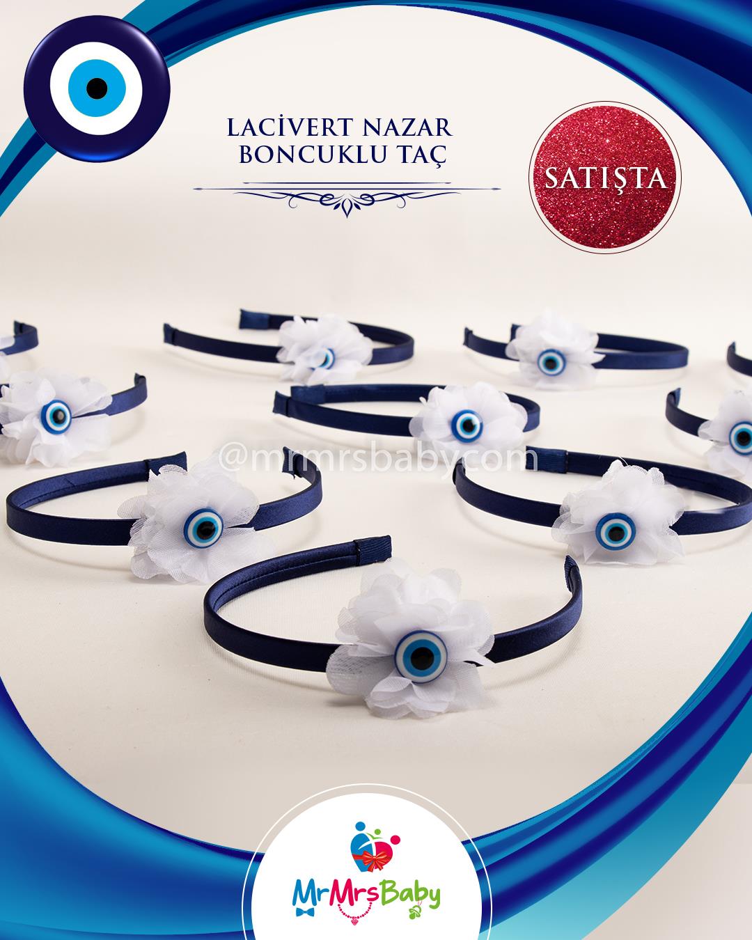 Lacivert Nazar Boncuklu  Çiçekli Nedime Tacı 10 Adet
