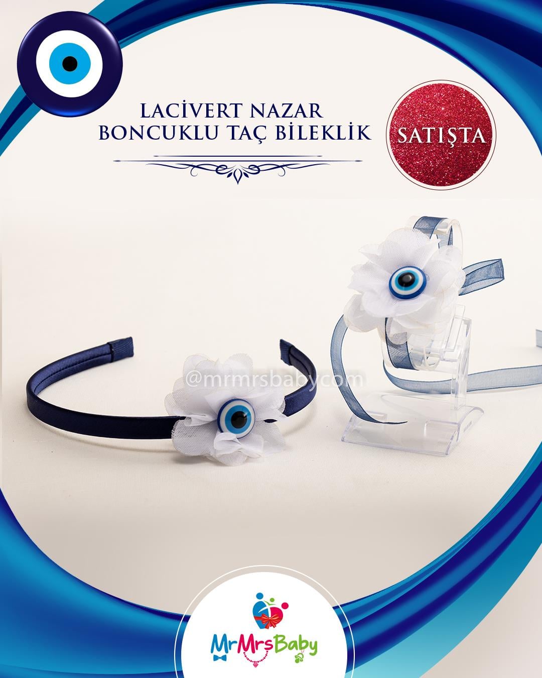 Lacivert Nazar Boncuklu  Çiçekli Nedime Tacı