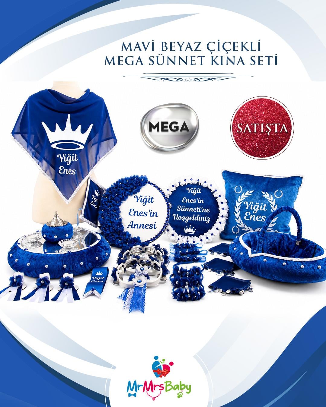 Mavi Beyaz Çiçekli Mega Sünnet Kına Seti