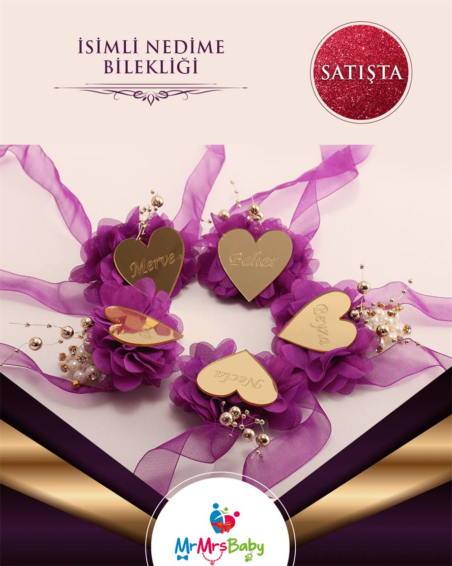 Pleksi İsimli Nedime Bilekliği Mor 10 Adet