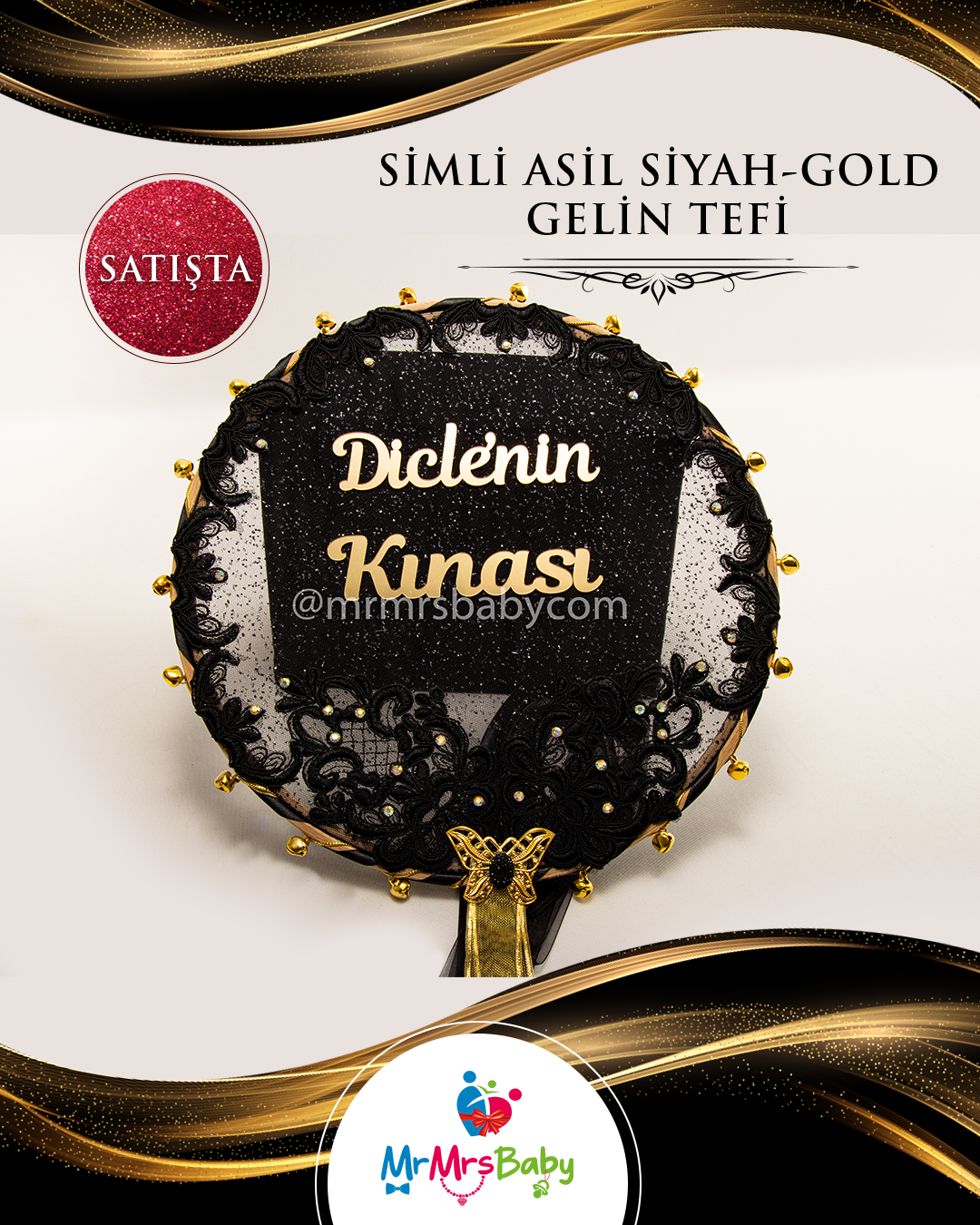 Simli Asil Siyah Gold Gelin Tefi