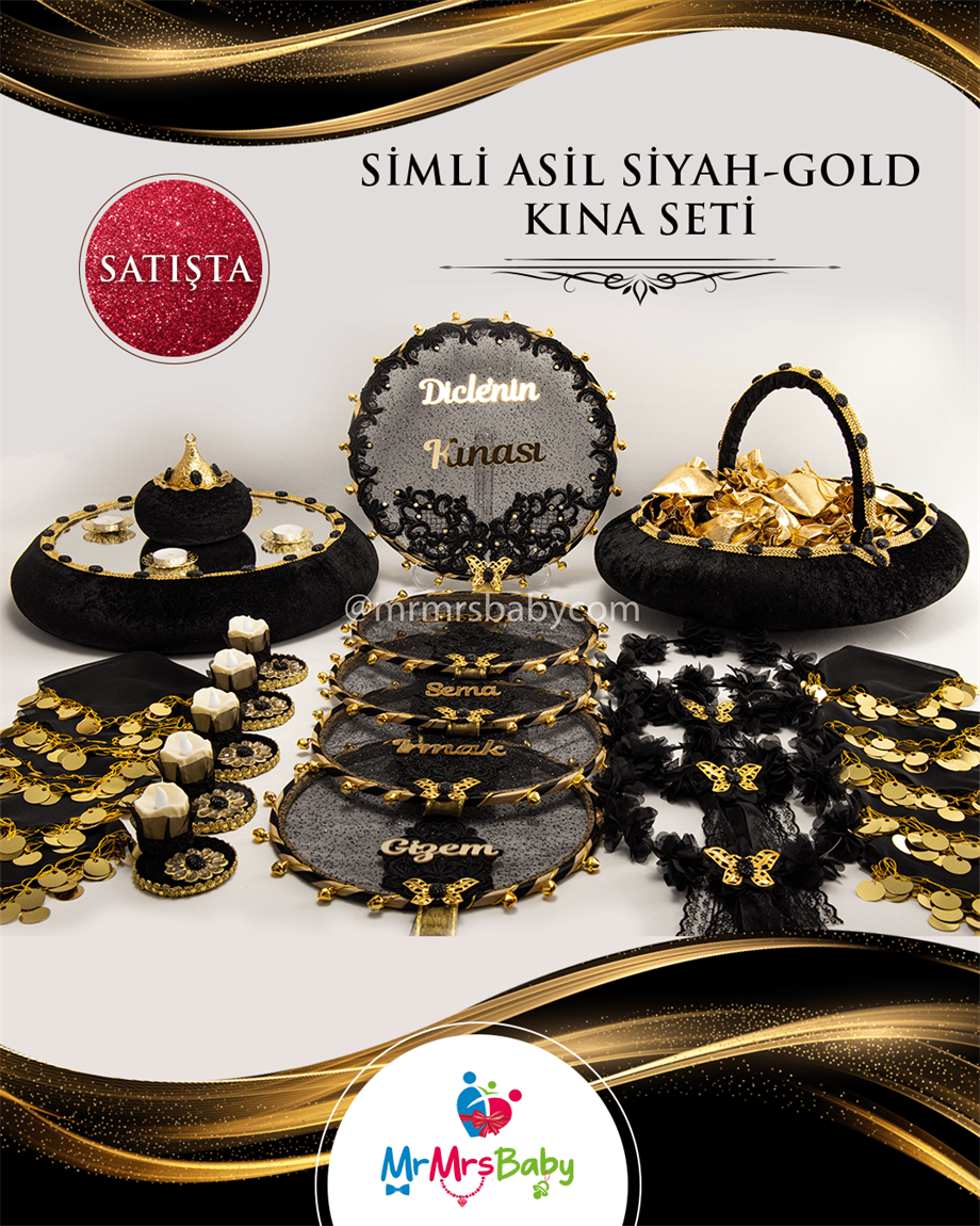 Simli Asil Siyah Gold  Kına Seti 