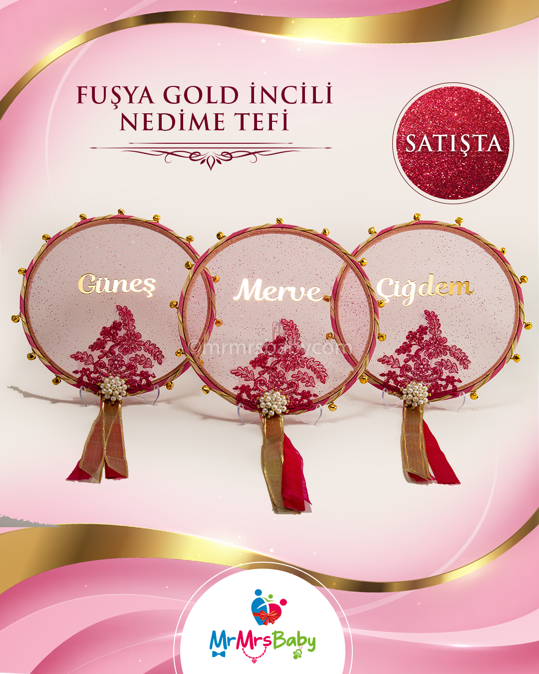 Simli Fuşya Gold Fransız Güpürlü İsimli Nedime Tefi