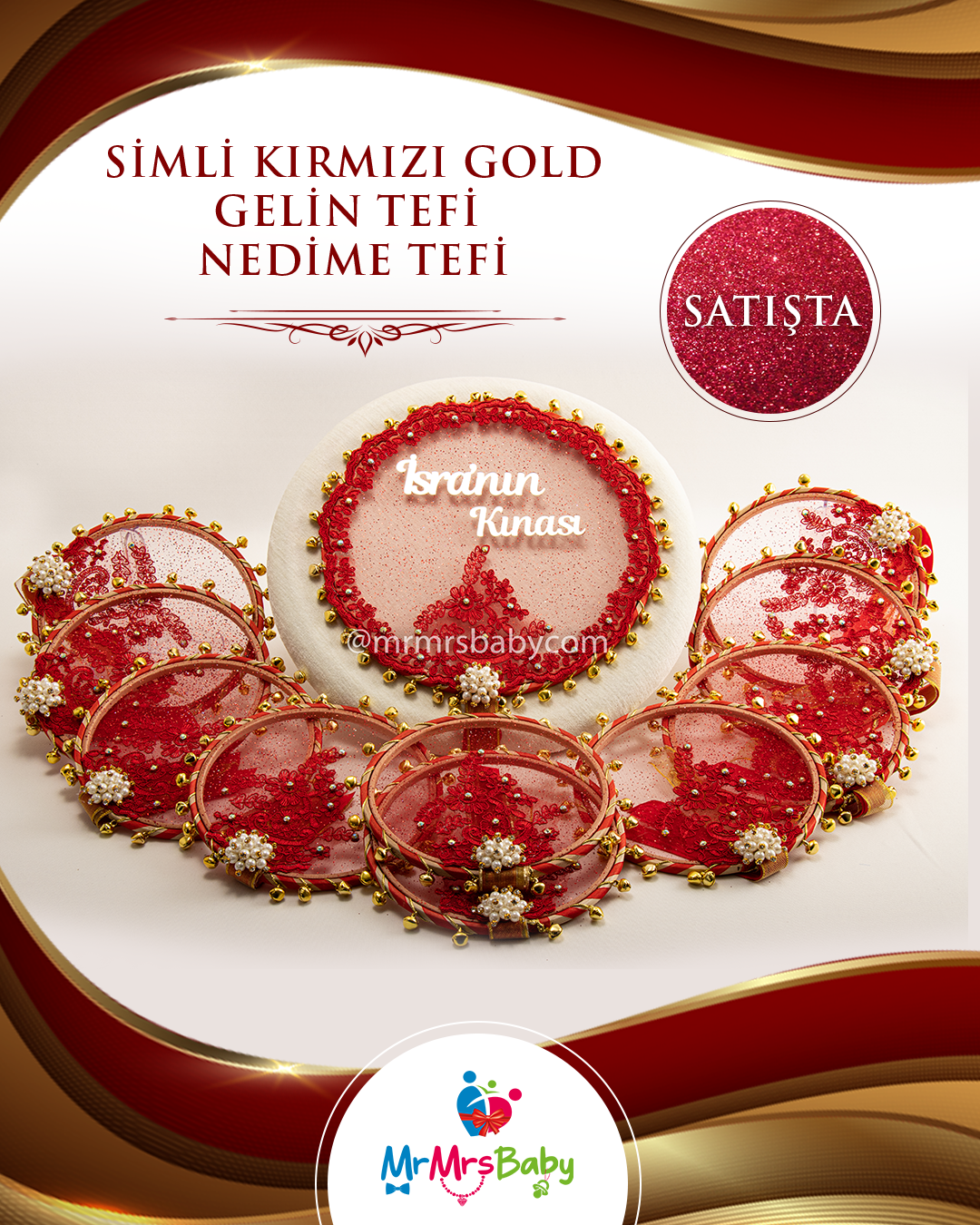 Simli Kırmızı Gold Fransız Güpürlü İsimli Nedime Tefi
