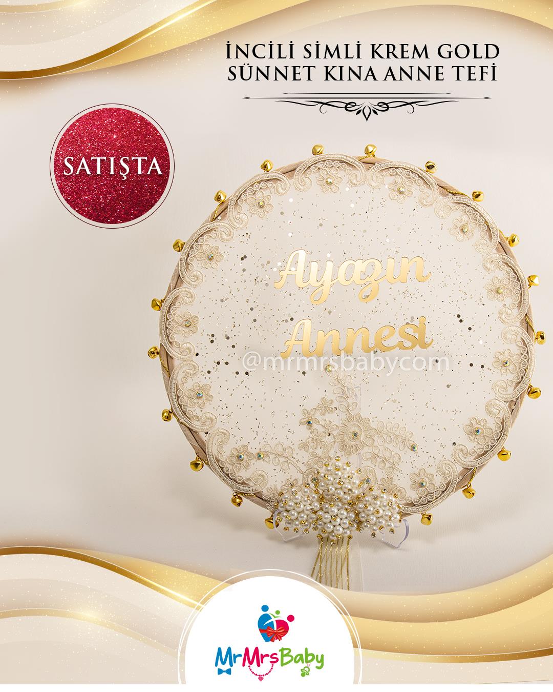 Simli Krem Gold Fransız Güpürlü İncili Sünnet Anne Tefi
