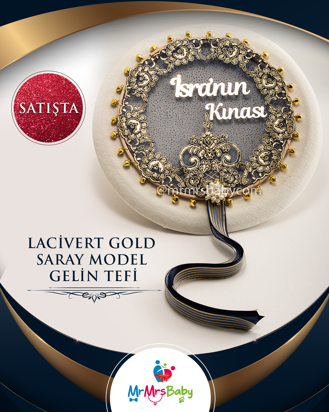 Simli Lacivert Gold Fransız Güpürlü İsimli Gelin Tefi