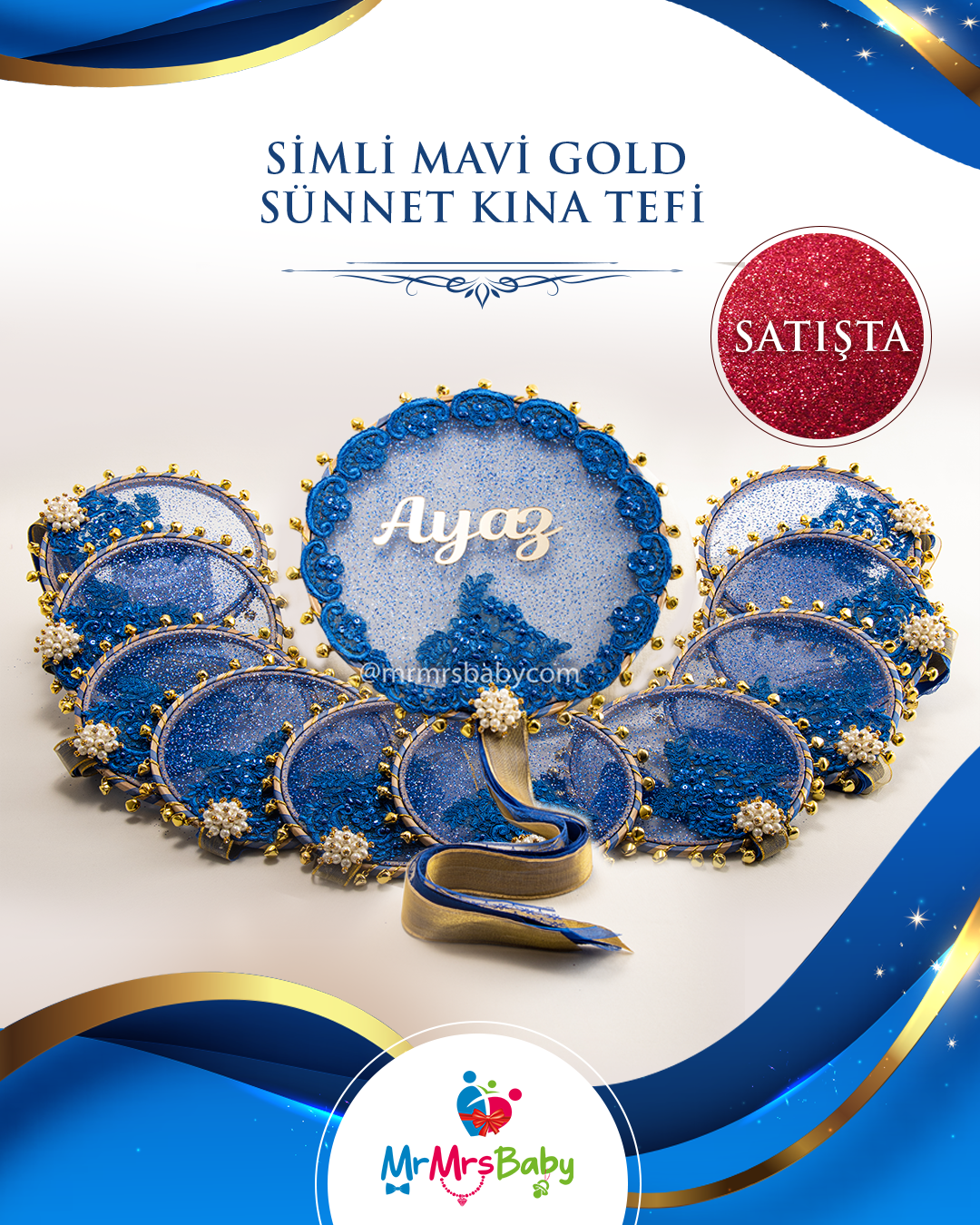 Simli Mavi  Gold Fransız Güpürlü İsimli Nedime Tefi