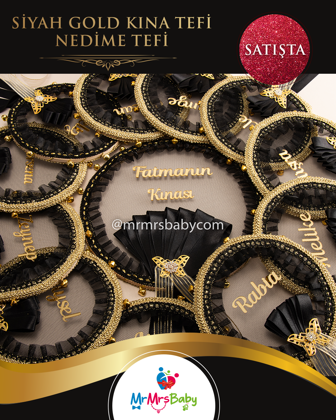 Siyah Gold Şeritli  Metal Kelebekli Kurdeleli Fırfırlı Pleksi İsimli Nedime Tefi 