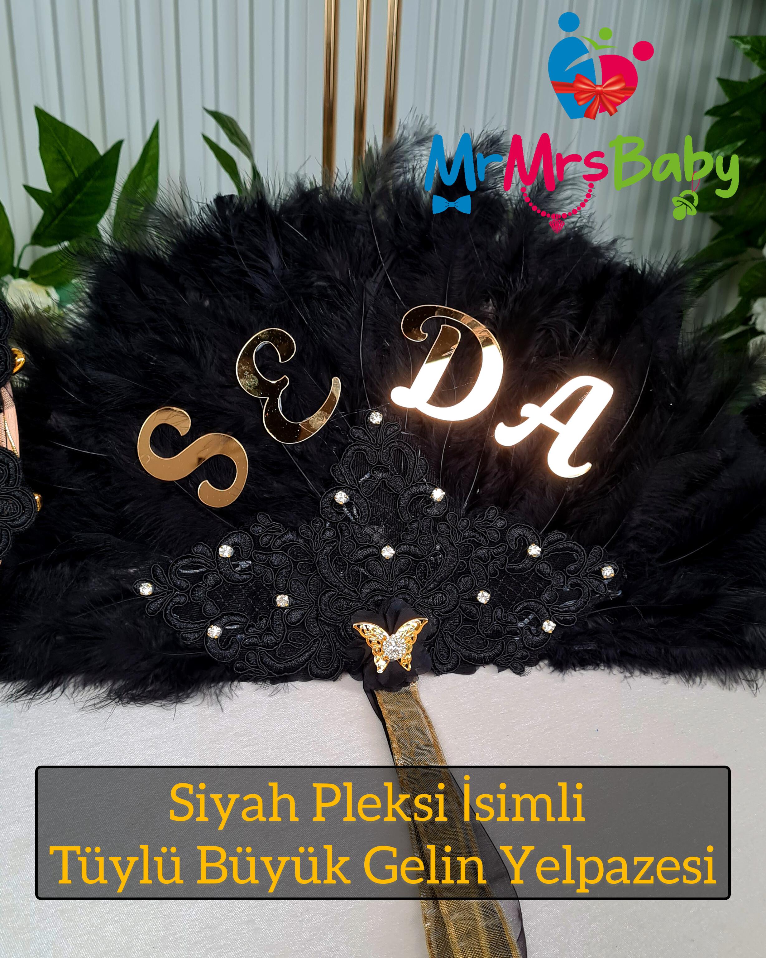 Siyah  Pleksi İsimli Tüylü Büyük  Gelin Yelpazesi