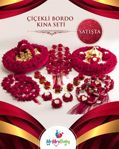 Çiçeli Bordo  Gold  Gelin Kına Seti