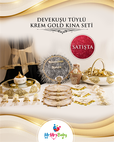 Devekuşu Tüylü İncili Krem Gold  Gelin Kına Seti