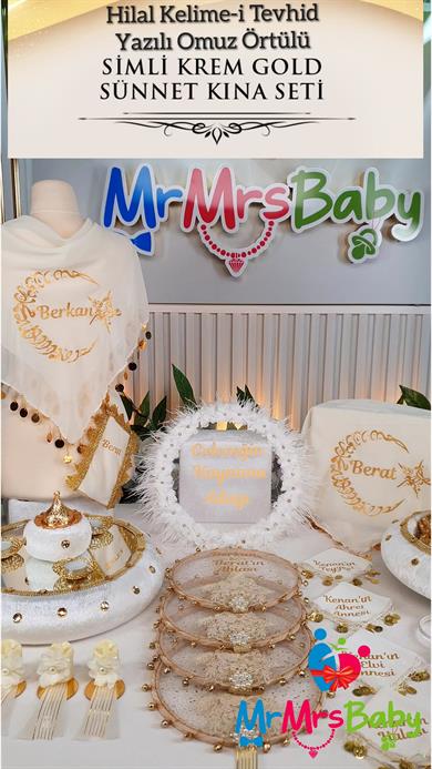 Hilal Kelime-i Tevhid Yazılı İncili Simli Krem Gold  Sünnet Kına Seti