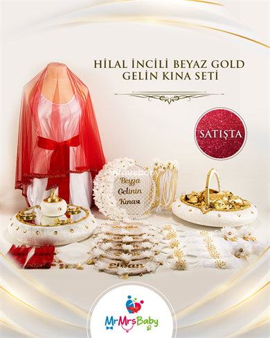 Hilal Model İncili Beyaz Gold  Gelin Kına Seti