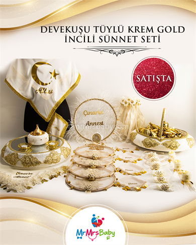 Krem Gold Devekuşu Tüylü Sünnet Kına Seti