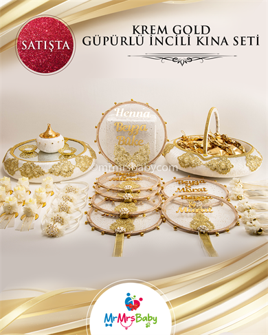 Krem Gold Güpürlü İncili  Gelin Kına Seti