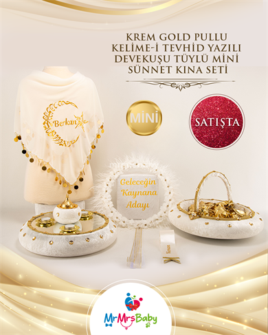 Mini Hilal Kelime-i Tevhid Yazılı Krem Gold Devekuşu Tüylü Sünnet Kına Seti