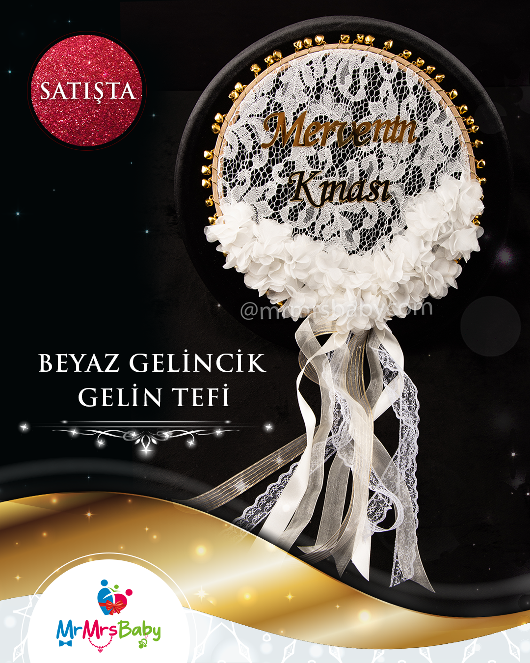 Beyaz Dantelli Lazer Güllü Kurdeleli  Pleksi İsimli Büyük Gelin Tefi