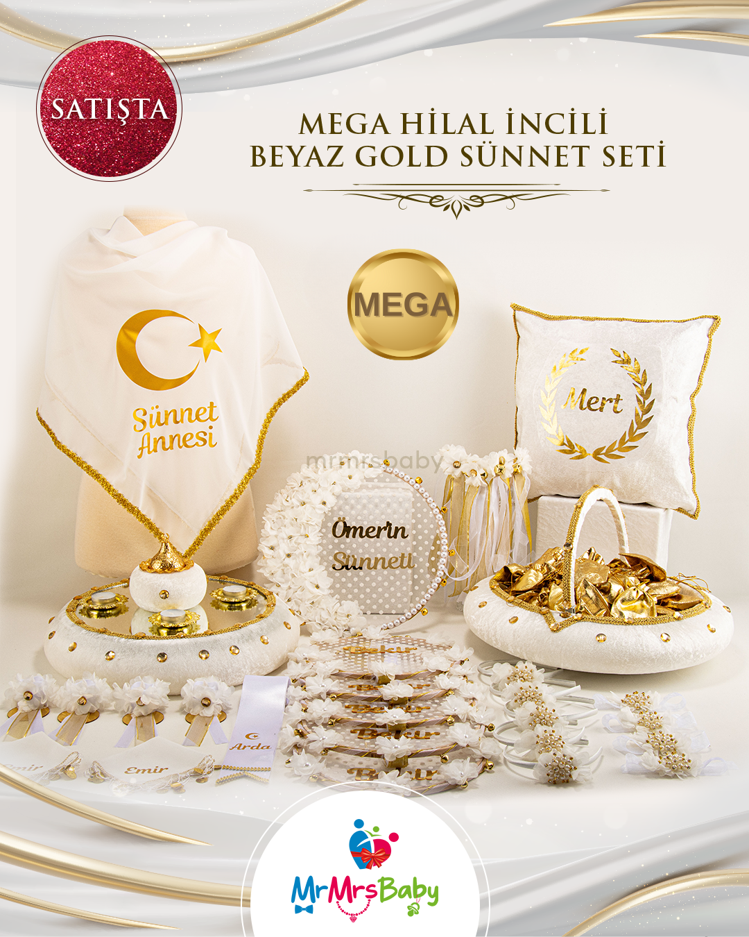 Beyaz Gold Mega İncili Hilal Model Sünnet Kına Seti