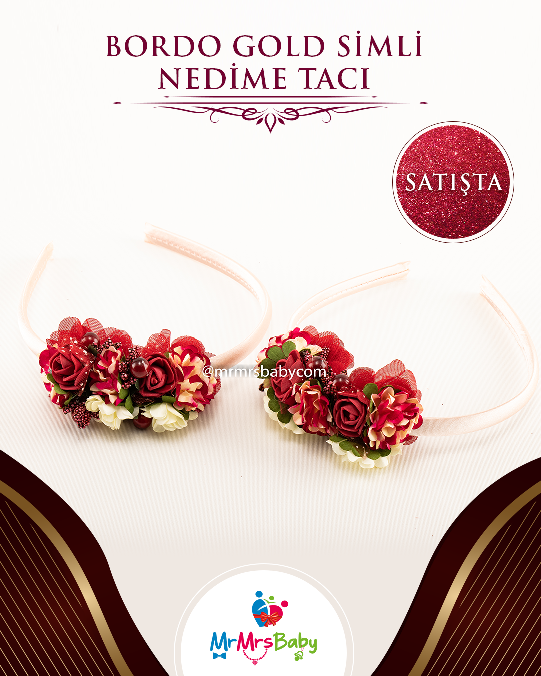 Bordo Çiçekli Nedime Tacı 10 Adet