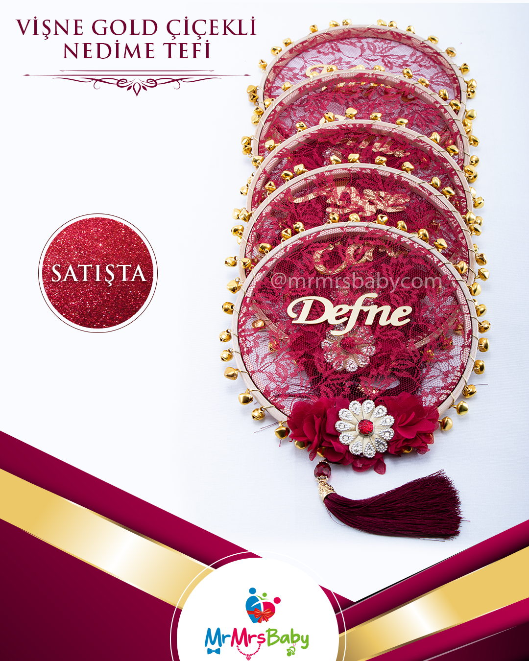 Bordo Dantelli  Gold Çiçekli Pleksi İsimli  Nedime Tefi