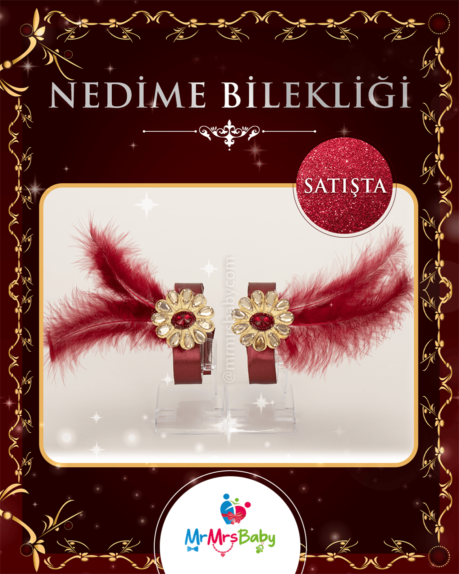 Bordo  Gold Çiçekli Tüylü Nedime Bilekliği
