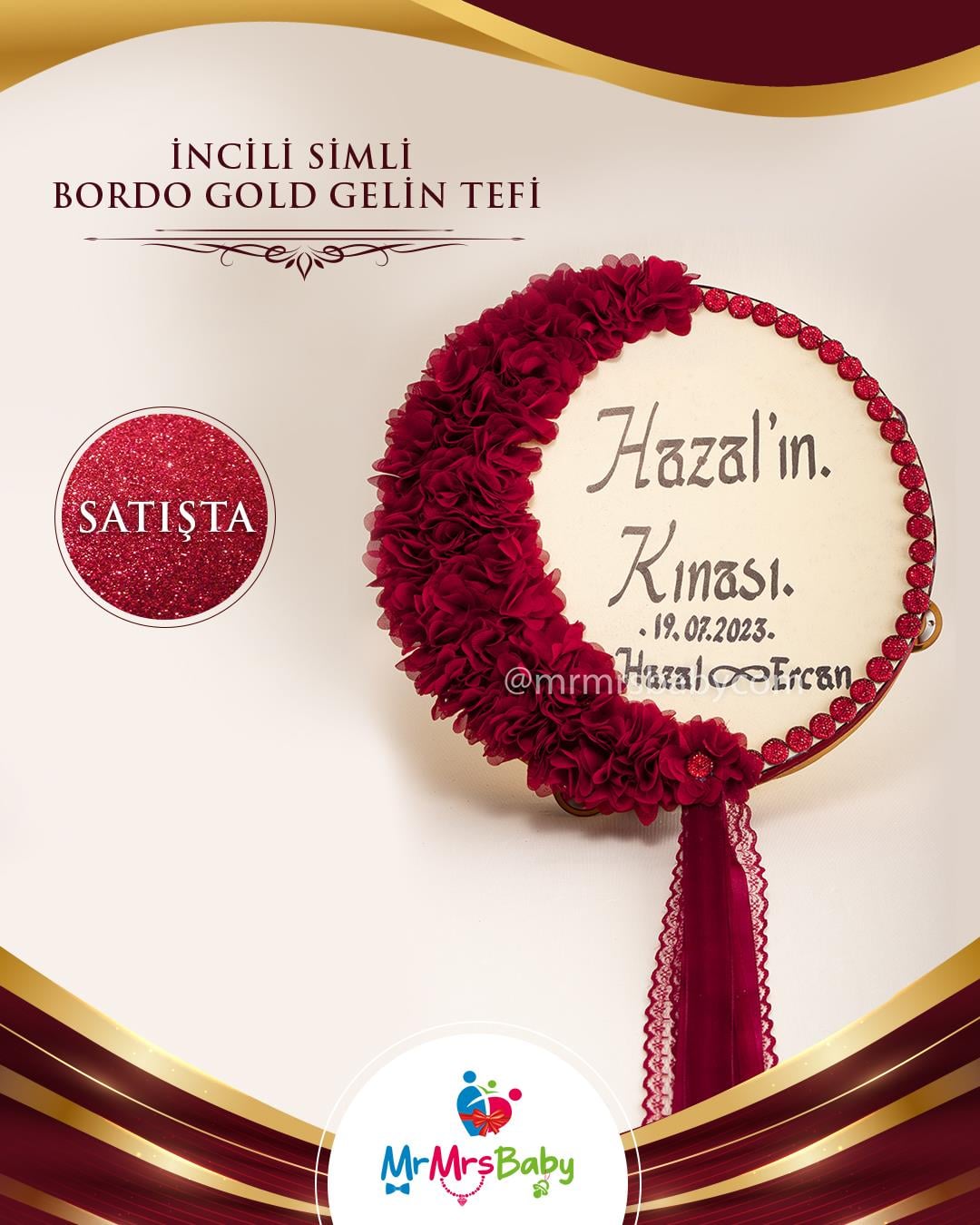 Bordo Gold  Çiçekli Yakut Taşlı  Gelin Tefi