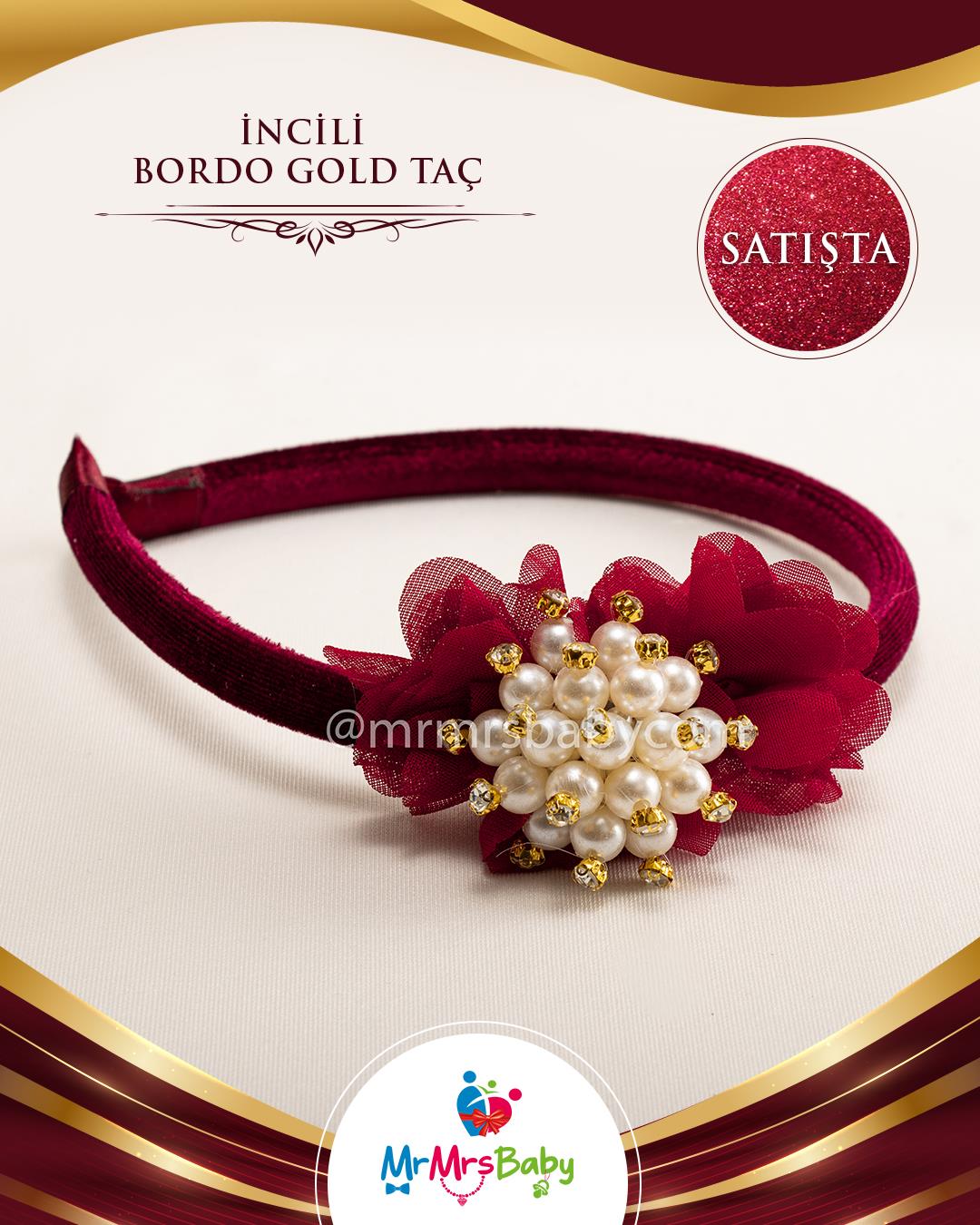 Bordo Gold İncili Çiçekli Nedime Tacı
