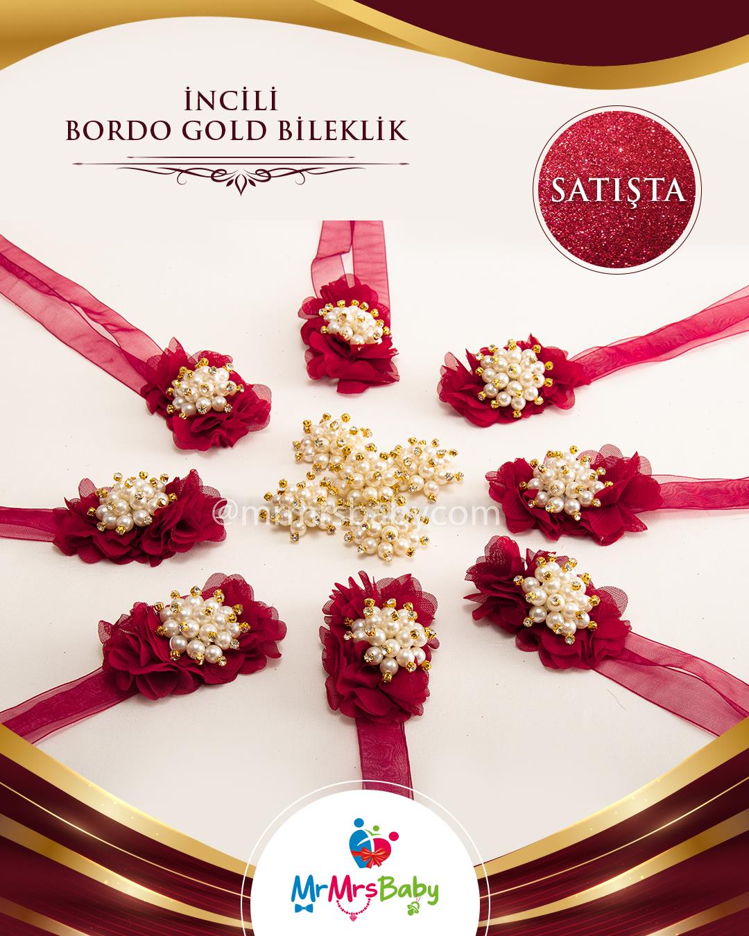 Bordo Gold İncili Nedime Bilekliği 10 Adet