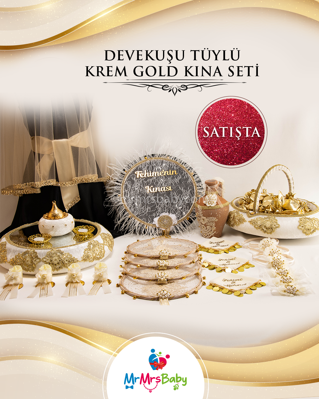 Devekuşu Tüylü İncili Krem Gold  Gelin Kına Seti