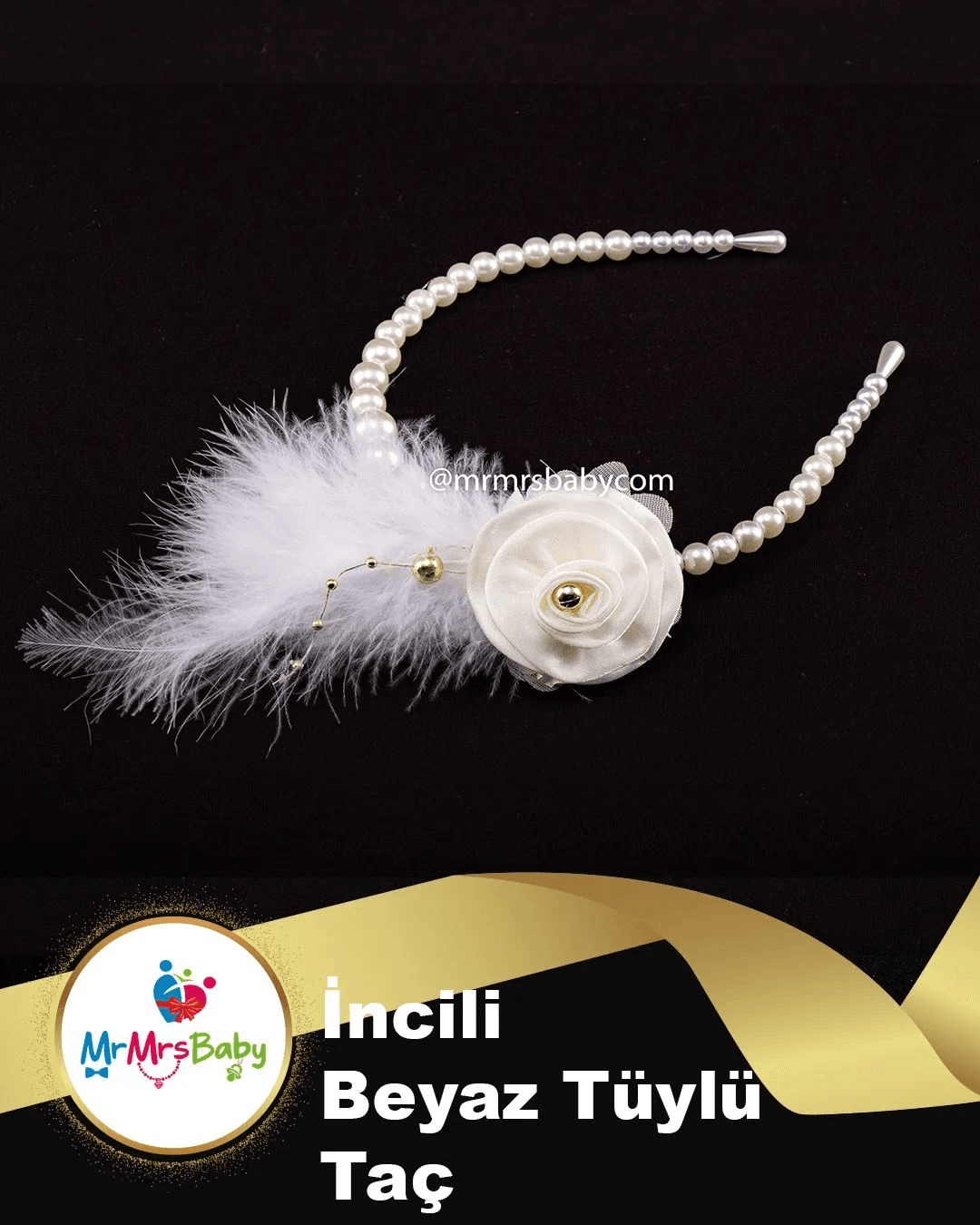 Dizi İncili Kristal Taşlı Tüylü Nedime Tacı Beyaz 10 Adet