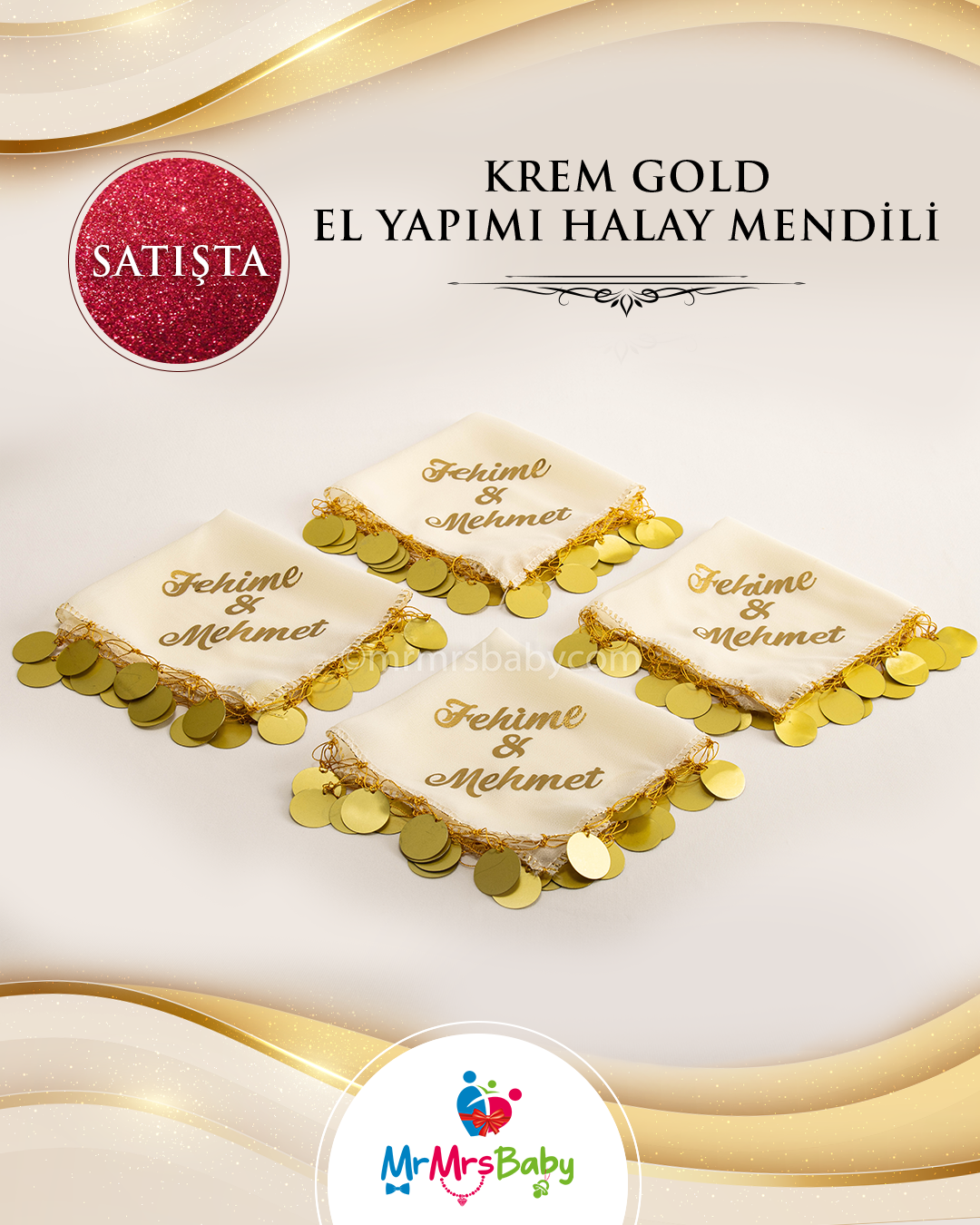 El Yapımı Krem Gold  Kına Halay  Mendili İsim Baskılı  10 Adet
