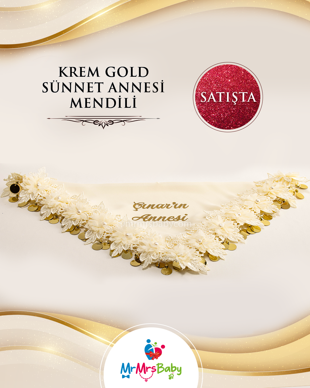 El Yapımı Krem Gold  Sünnet Annesi Kına Halay  Mendili İsim Baskılı 
