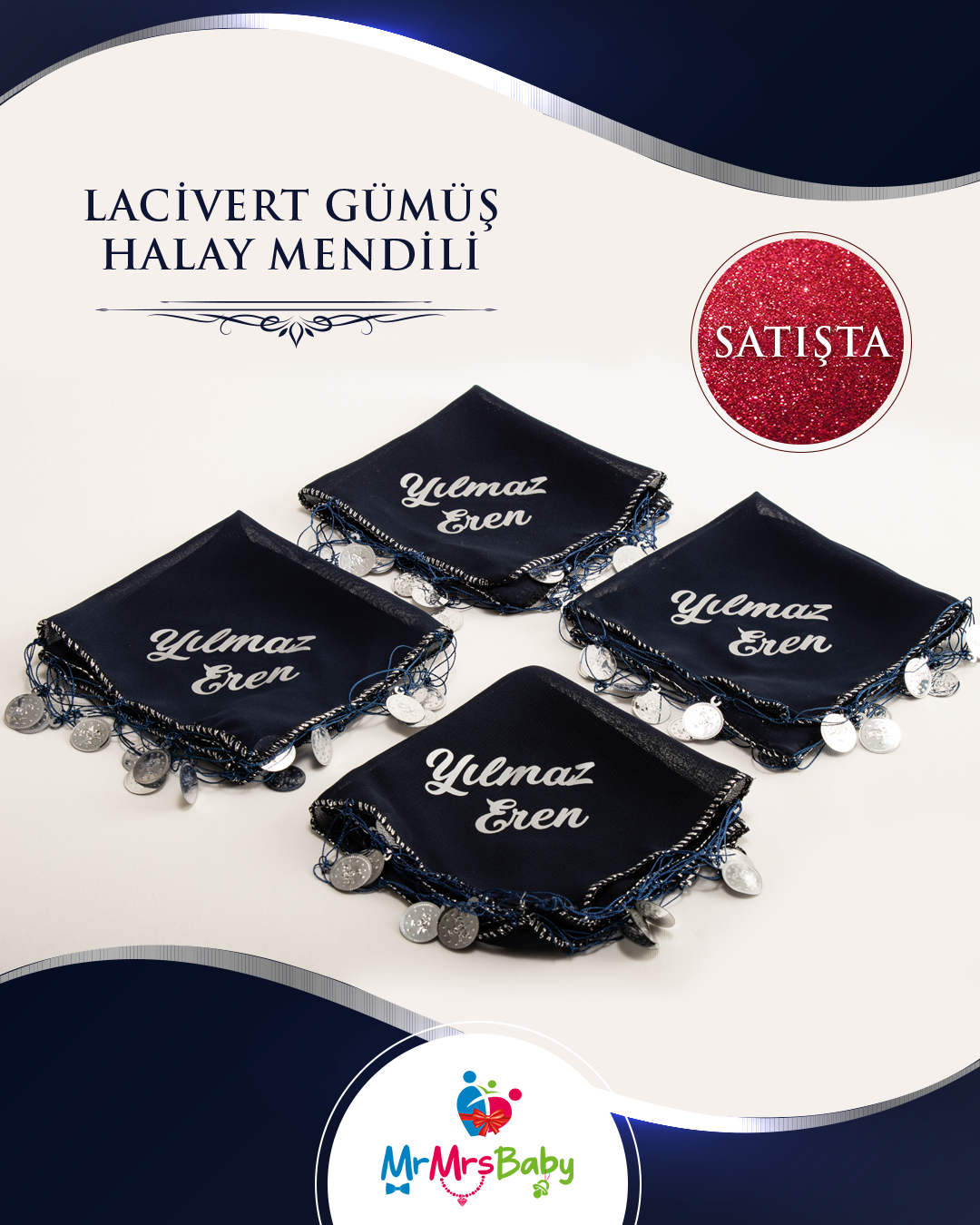 El Yapımı Lacivert Gümüş Kına Halay  Mendili