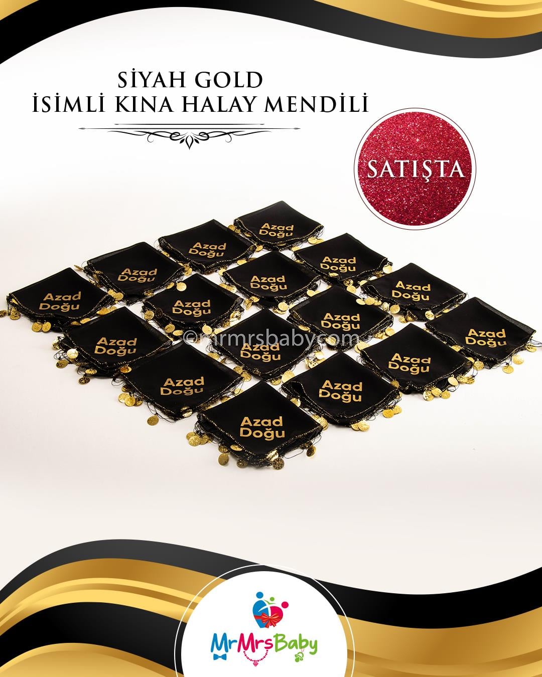 El Yapımı Siyah Kına Halay  Mendili  İsim Baskılı10 Adet