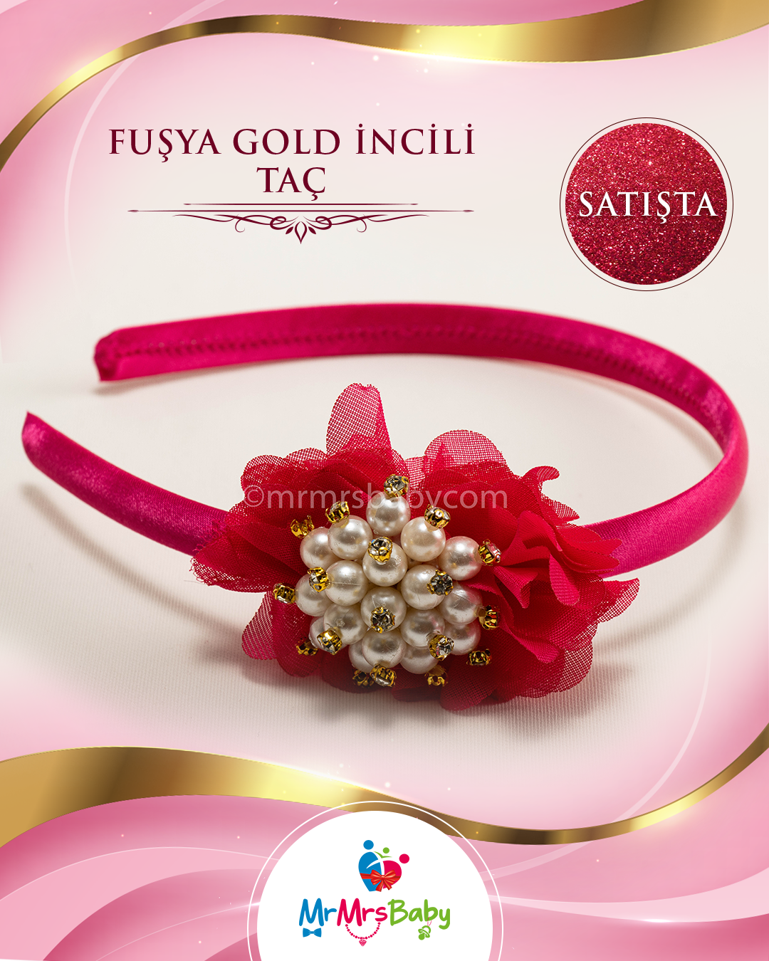 Fuşya Gold İncili Çiçekli Nedime Tacı