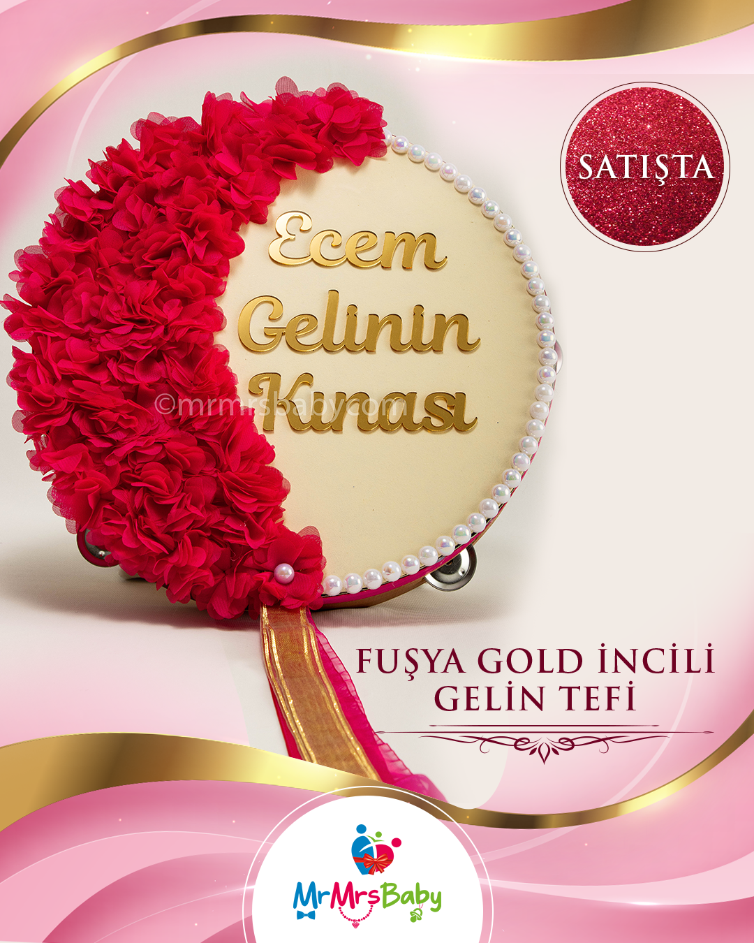 Fuşya Gold İncili Gelin Tefi