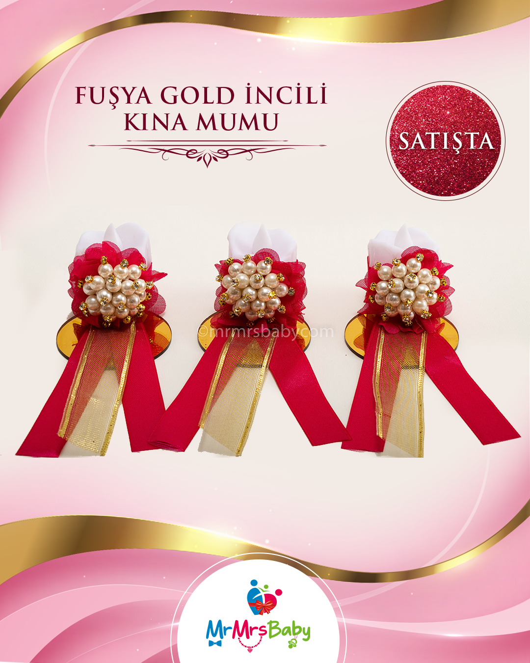 Fuşya Gold İncili Led Işıklı Kına Mumu