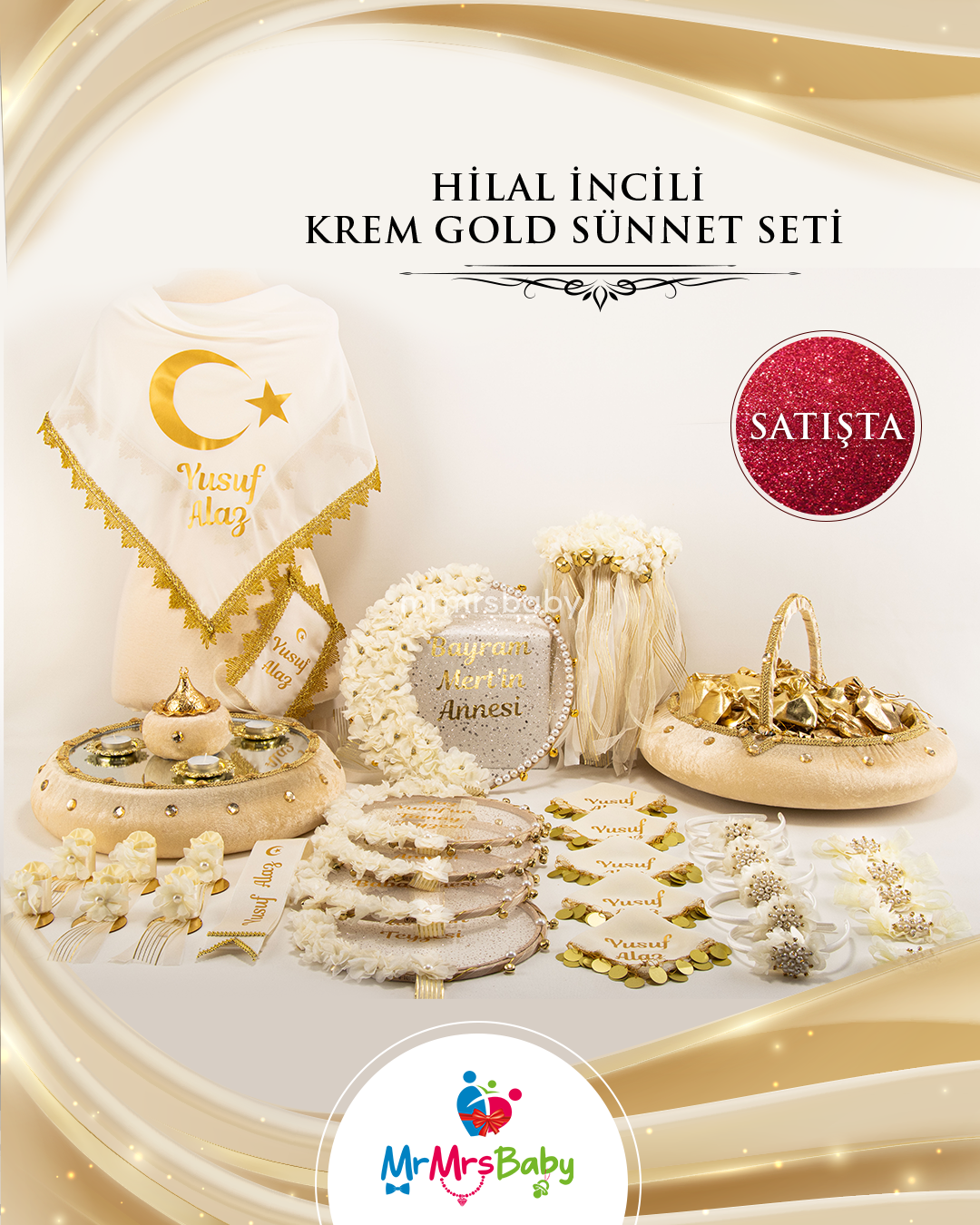 Hilal İncili Simli Krem Gold  Sünnet Kına Seti