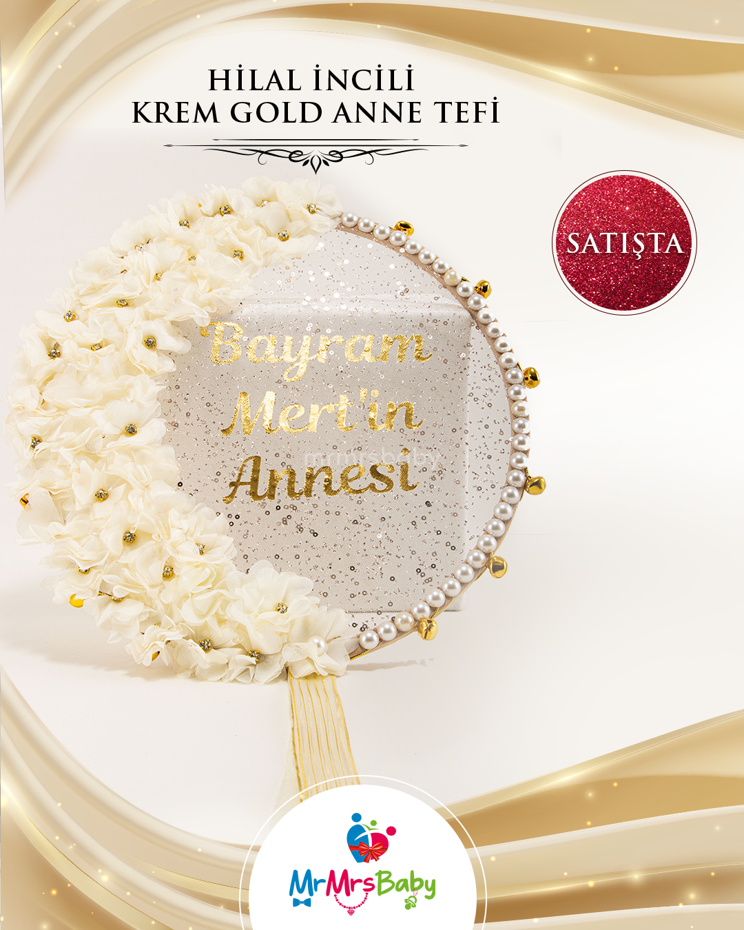 Hilal Model İncili Simli Krem Gold Sünnet Anne Tefi
