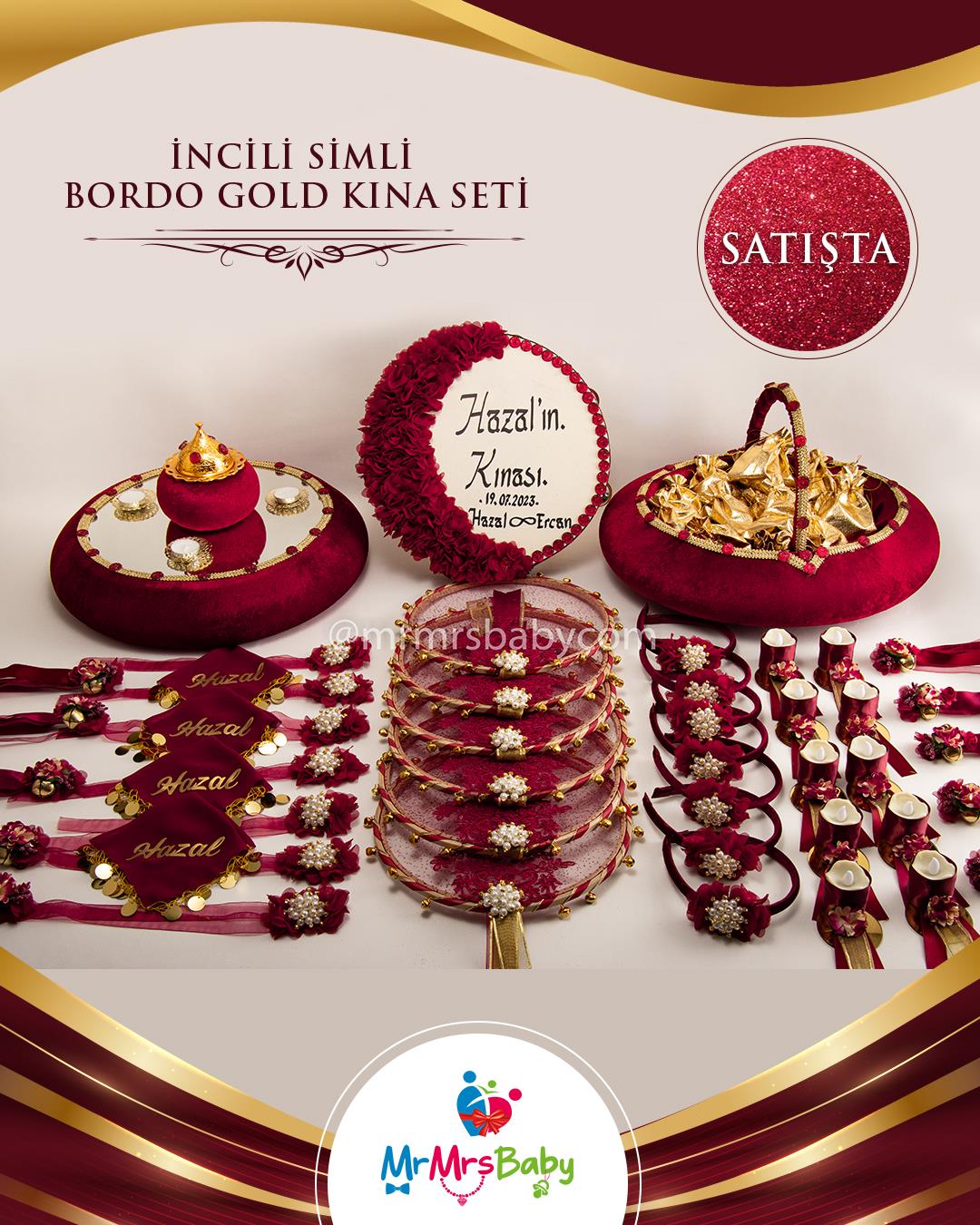 İncili Simli Bordo  Gold  Gelin Kına Seti