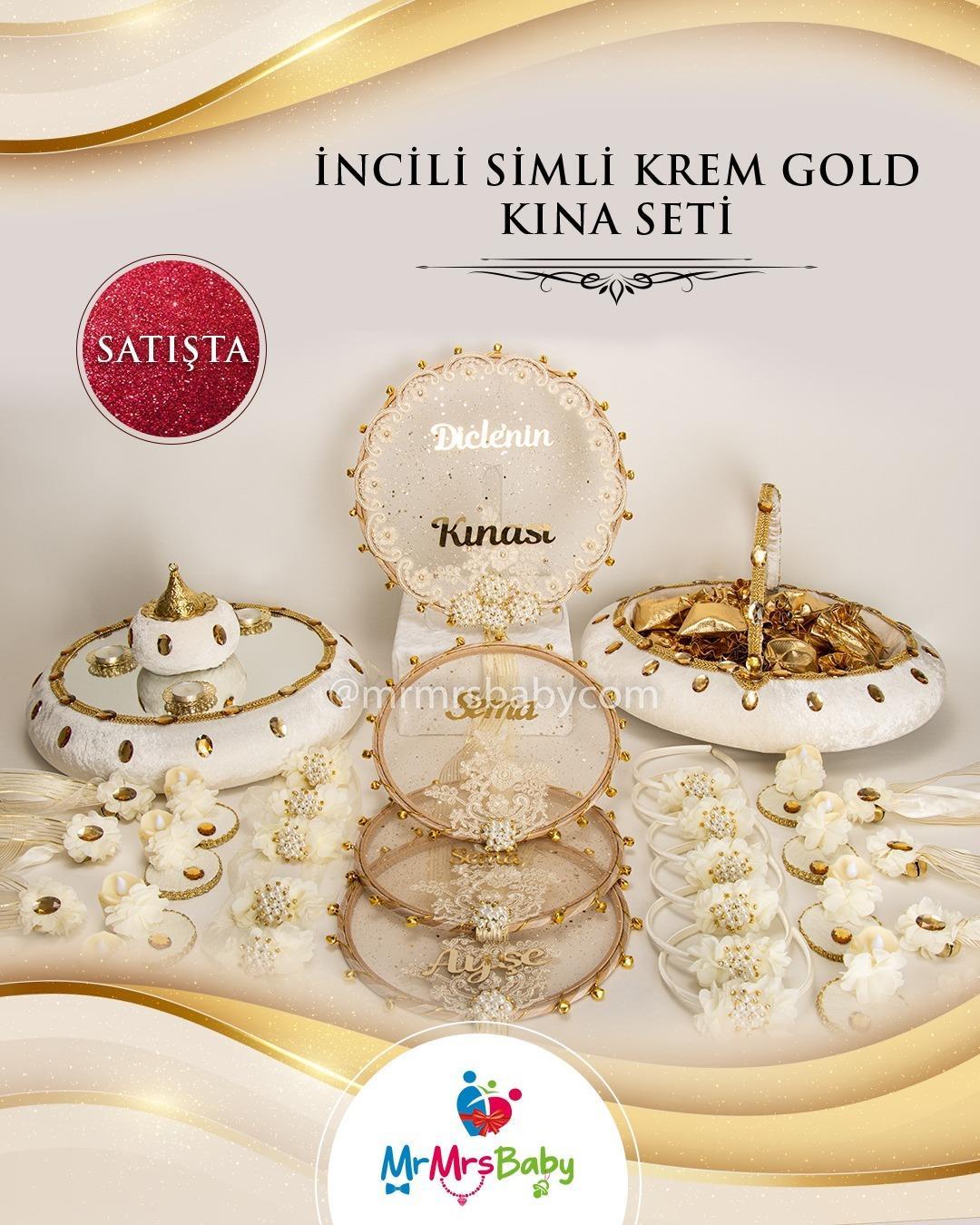 İncili Simli Krem Gold  Gelin Kına Seti