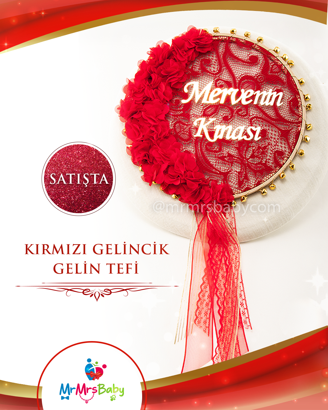 Kırmızı Dantelli Lazer Güllü Kurdeleli  Pleksi İsimli Büyük Gelin Tefi