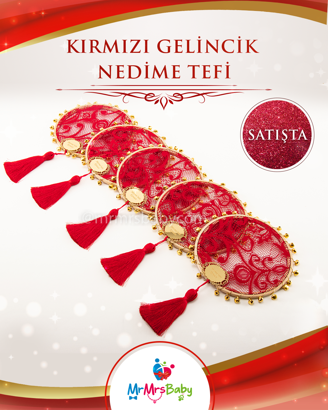 Kırmızı Dantelli Püsküllü  Pleksi İsimli Nedime Tefi