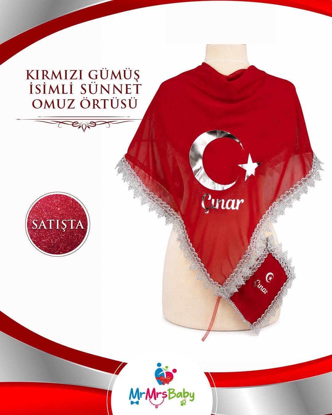 Kırmızı Gümüş Sünnet Omuz Örtüsü İsimli